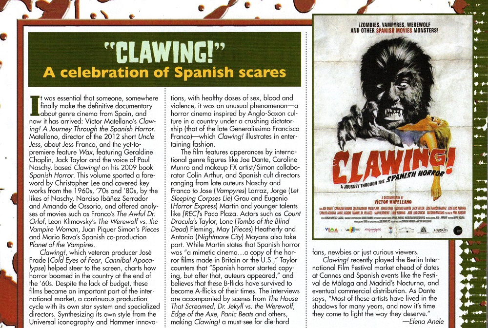 "Clawing!". Fangoria #332. May 2014. 